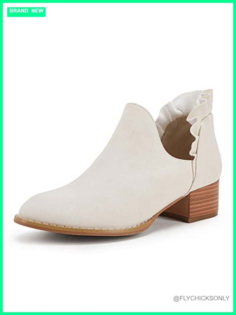 Ruffled Ankle Boots V Cut Out Pointed Toe Chunky Low Heel Booties Faux Leather